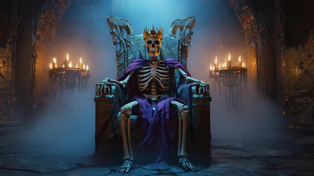 An epic fantasy scene of an undead skeleton king wearing a crown and royal robes, sitting on a gothic stone throne in a dark, foggy dungeon