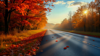 Desolate Asphalt Road with Swirling Autumn Leaves at Golden Hour, 4K
