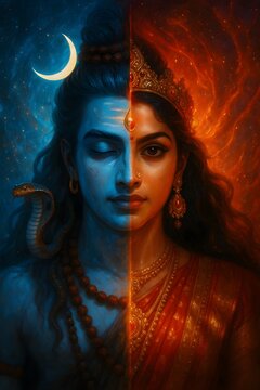 Surreal artwork depicting the split face of a divine figure, merging Lord Shiva's blue form with Goddess Parvati's fiery red side, symbolizing balance and duality.