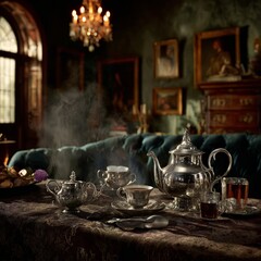 Antique Tea Set On A Table In Dark Luxury Room