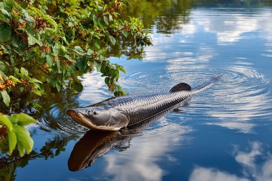 A giant arapaima fish surfacing in the river to breathe air
