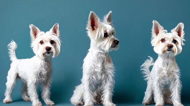 Three white dogs standing in front of a blue background
