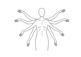 Four arms drawing. It is a black and white outline image of a human torso with four outstretched arms, representing multi-limbed figures or concepts. Vector sketch line art draw.