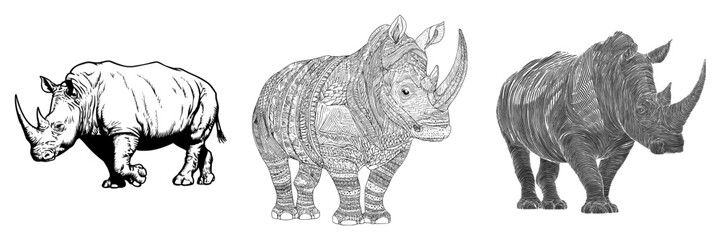 Fototapeta premium Modern illustration of a rhino created with black and white linear paint