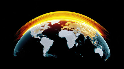 Fototapeta premium Global view of Earth showcasing illuminated continents with dynamic arcs representing data flow and connectivity, symbolizing technological advancement and global communication