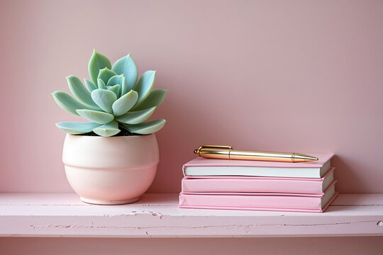 Golden pen on pink notebooks with a small succulent against a light pink backdrop for office or study.