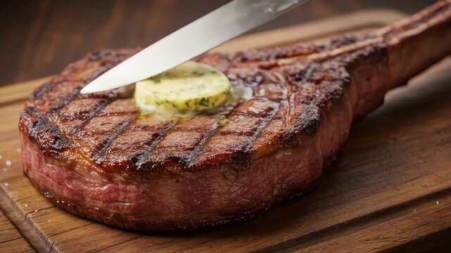 Cooked tomahawk steak with butter on rustic wooden board, grill marks visible