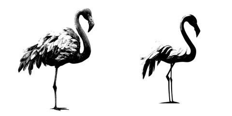 Fototapeta premium The pink flamingo, an exotic tropical bird in zoo animal collections, is also depicted as a cute cartoon character and used as a decoration element, often in flat design on a white background and