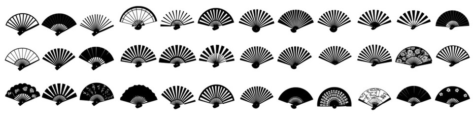 Hand fan icons. Collection of handheld icons isolated on a white background. Icons of folding and rigid fans. Modern illustration