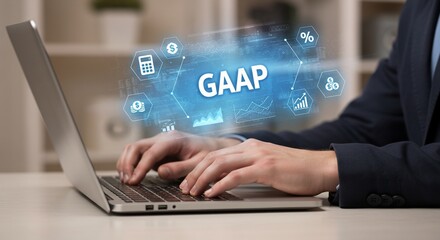 GAAP Compliance: Businessman Typing on Laptop with Financial Data Overlay