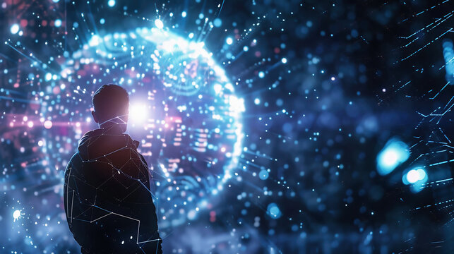 Man Contemplating Digital Future with Glowing Sphere and Data Streams