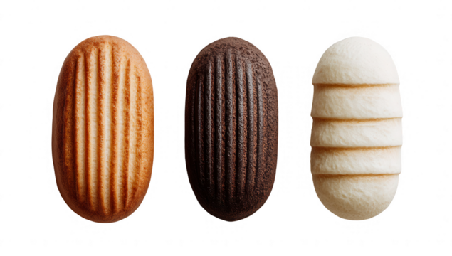 Three oval cookies, light brown, dark brown, and off-white, showing ridged tops