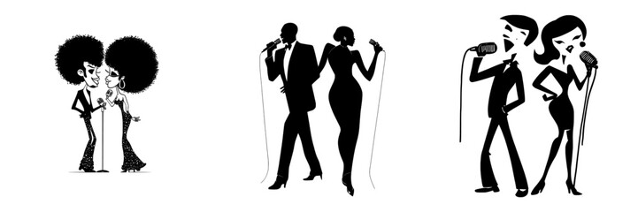 A modern cartoon couple singing is depicted in a black EPS 8 silhouette
