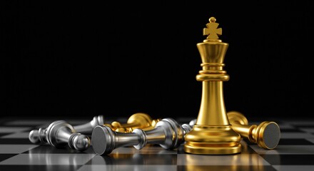 Golden Chess King Standing Tall Amidst Fallen Silver Pieces on Checkered Board