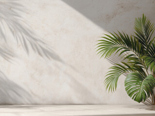Textured Off-White Wall with Tropical Leaf Shadows. Airy Minimal Background for Commercial Use