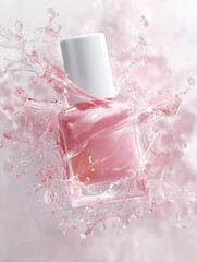 Pink Nail Polish Splashes. Product shot of nail lacquer with liquid splash for cosmetic promotions, advertising, website design, and social media.