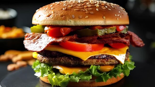 A large hamburger with bacon, lettuce, tomato, cheese, and pickles on a bun
