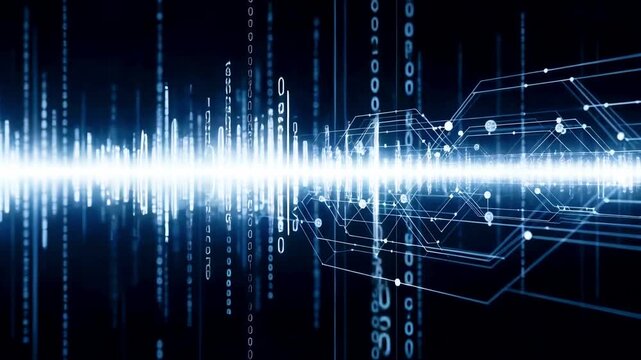 Abstract digital sound wave representation with binary code and data patterns in a futuristic background
