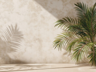 Textured Off-White Wall with Tropical Leaf Shadows. Airy Minimal Background for Commercial Use