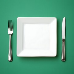 Square White Plate with Silver Fork and Knife on Green Background, Top View