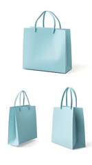 Three Light Blue Shopping Bags with Handles on White Background Mockup