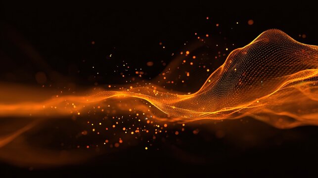 Flowing orange particles weave a glowing grid against a stark black background
