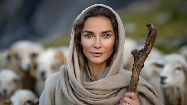 Shepherd guiding sheep on a hillside with natural light