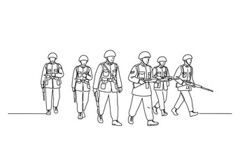 Army drawing. It is a black and white outline image depicting a group of soldiers in military uniform, carrying rifles and marching. Vector sketch line art draw.