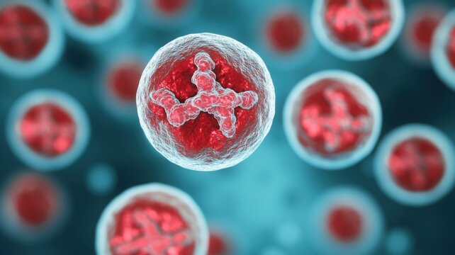 Tumor cells and microscopy concept. Microscopic view of cells with red and blue elements.