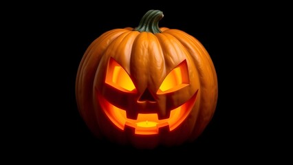"Glowing Orange Jack-o'-Lantern with a Traditional Happy Face Carved, Dark Background"