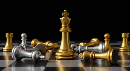 Golden King stands victorious amidst fallen silver and gold chess pieces