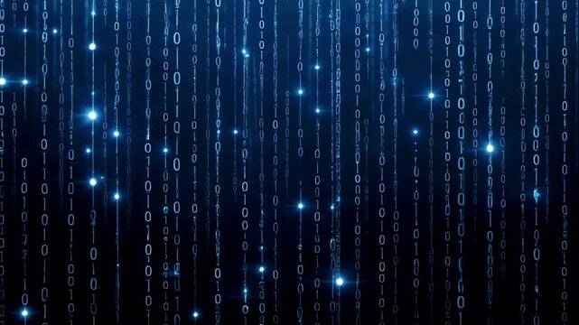 Abstract representation of a digital rain with binary code cascading against a dark background