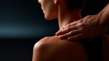 Obraz premium woman Holding a Painful Shoulder on a Dark Background