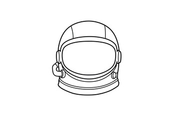Astronaut helmet drawing. It is a black and white outline image of an astronaut's helmet, representing essential space exploration equipment. Vector sketch line art draw.