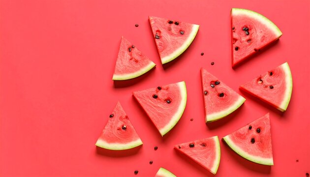 Watermelon slices arranged on a vibrant red background (1)