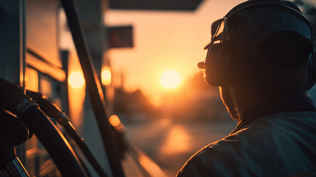 Driver Refueling a Car at a Fuel Pump During Sunset