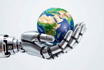 Robotic Hand Holding Earth A metallic robotic hand gently holdin
