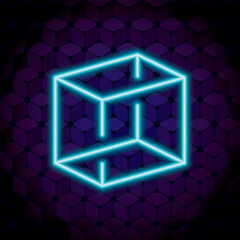 Irrational Cube One Line Facet Glowing Neon Sign Style Impossible Geometric Figure - Blue Isometric Object on Repeating Cube Pattern Wallpaper Background - Outline Graphic Design