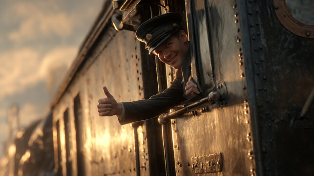 Child Looking Out of an Old Train Window at Sunset