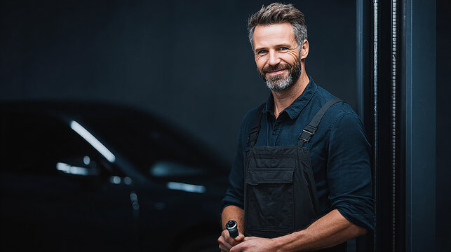 Smiling Auto Mechanic in a Garage Beside a Car