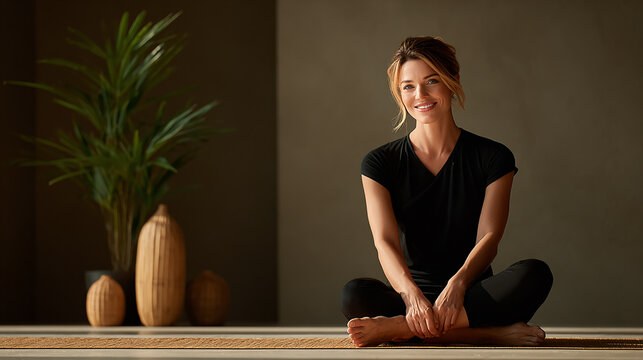 Woman Sitting on a Yoga Mat in a Calm Interior