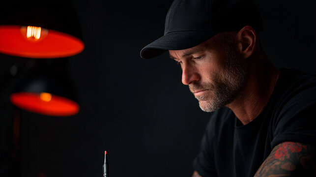 Tattooed Man Writing at a Desk in Moody Light