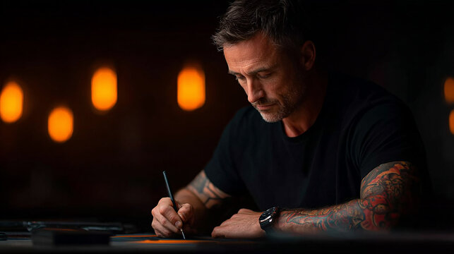 Tattooed Man Writing at a Desk in Moody Light