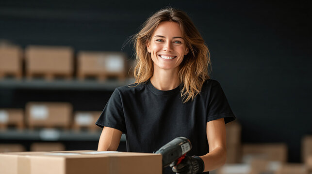Smiling Woman Packing Cardboard Boxes in a Warehouse