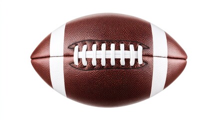 Classic American-style football with textured brown leather surface, white stripes, central laces, and intricate stitching on plain white background.