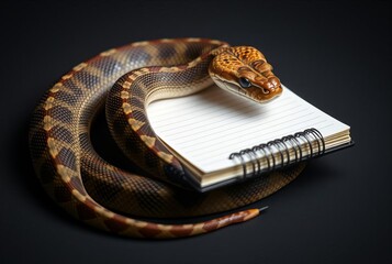 Snake with a Notebook A snake coiled around a notebook jotting d