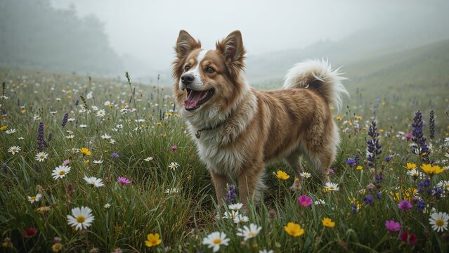 Standing fluffy brown-and-white dog staying alert in wildflower meadow, with collar tag and daisies