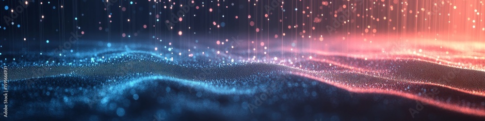 Poster futuristic digital data stream with glowing dots and wavy lines representing ai neural networks