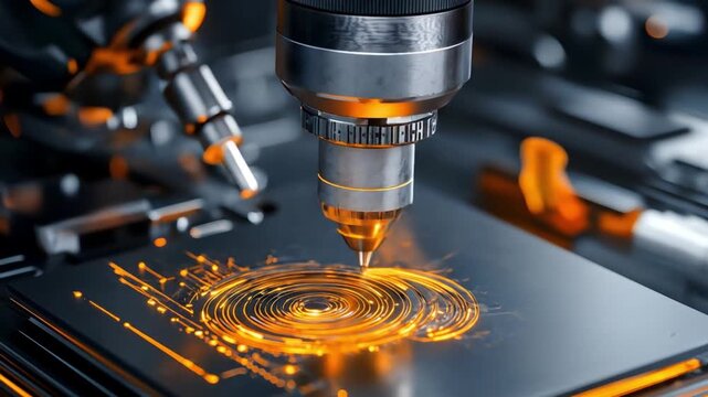 CNC machine etching circuit board with glowing lines and sparks