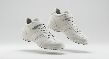 Floating White Leather Sneakers: Modern Footwear Design on White Background